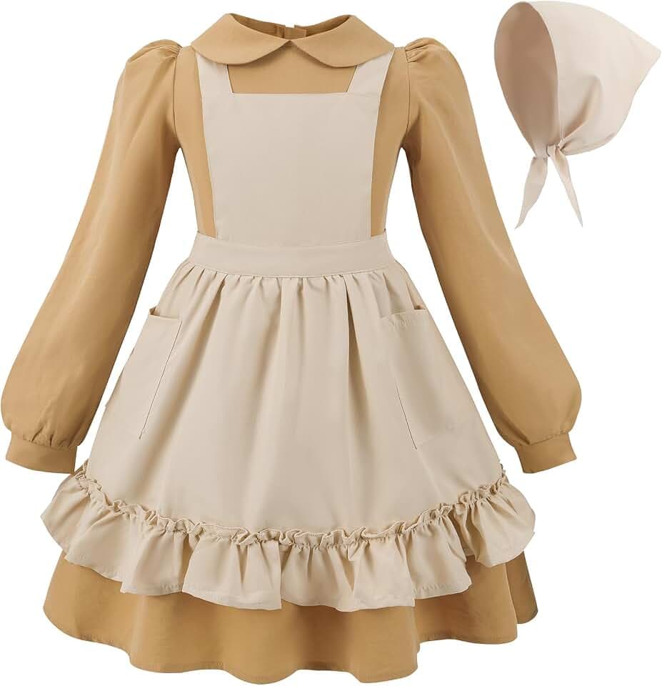 Prairie Colonial Costume Girls Long Sleeves Pioneer Dresses for Girls American Pilgrim Costume