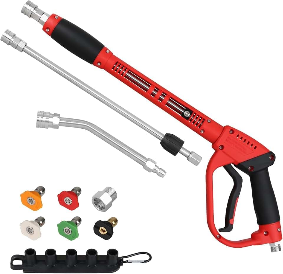 Durable Pressure Washer Gun with Replacement Wand, Power Washer Gun with 17 Inch 30 Degree Curved Extension Rod, 5 Spray Nozzle Tips, 47 Inch, 5000 PSI
