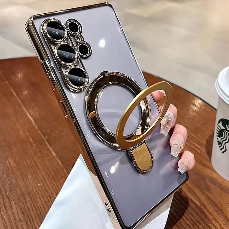 Clear for Samsung Galaxy S26 Ultra Case Magnetic Invisible Stand Built-in Camera Lens Protector Compatible with MagSafe Case Cover for Galaxy S26 Ultra,Gold