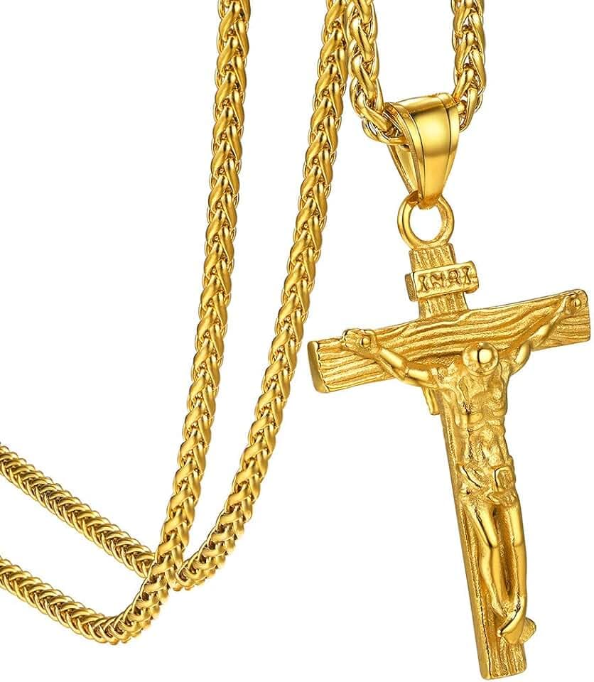 GoldChic Herren Kreuz Kette Edelstahl Männer Frauen Halskette mit Jesus Kreuz Anhänger Gold Jesus Kruzifix Anhänger mit 66cm Ketten Klassisch Kreuzanhänger für Männer Frauen