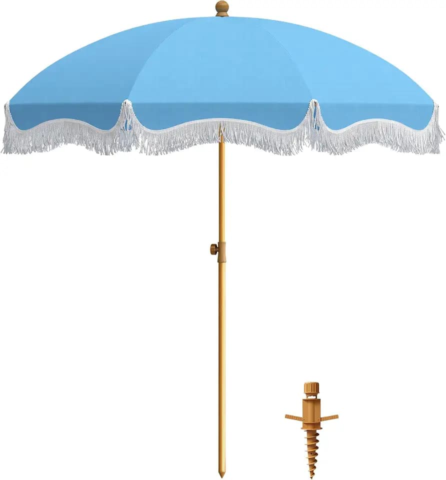7ft Fringe Beach Umbrella with Sand Anchor Outdoor Patio, UPF 50+, Blue