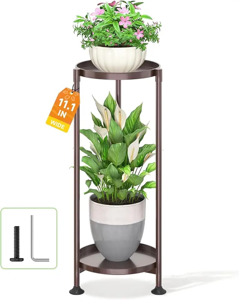 LASZOLA Metal Plant Stand Indoor Tall with 11 Inch Large Tray 2 Tier Brown