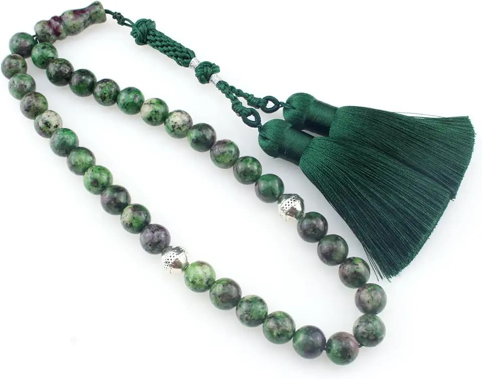 Muslims Islamic Dhikr 33 Tasbeeh Tasbih Prayer Beads, Green Stone Beads with Silk Tassel