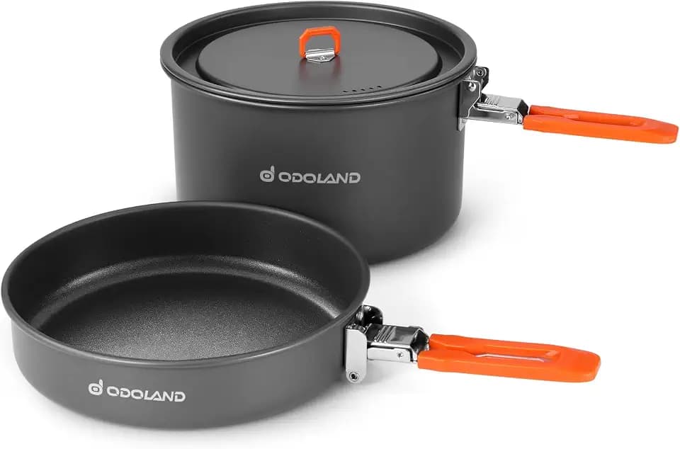 Odoland Camping Kochgeschirr Set mit Camping Topf, Camping Bratpfanne, Camping Kochset für Camping Outdoor Kochen Wandern Reisen