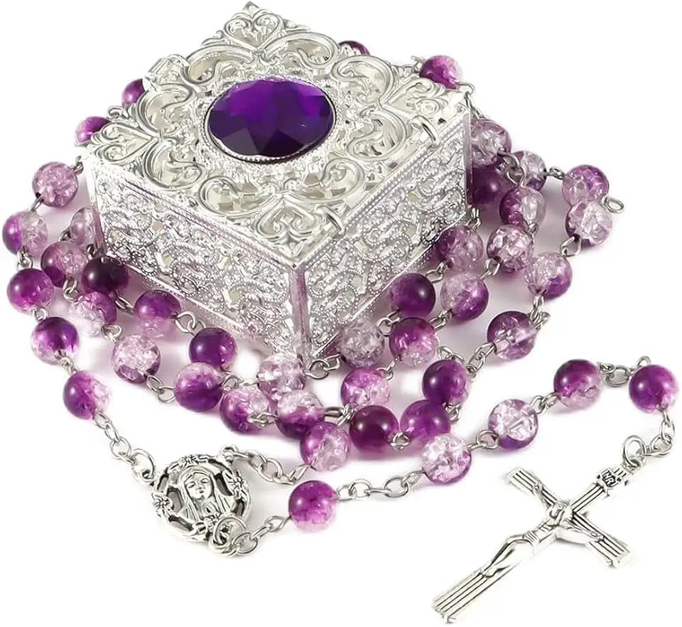 Purple Crystal Rosary Necklace for Women and Girls, Comes with Vintage Jewelry Box and Metal Gift Box, Perfect for First Communion and Catholic Gifts