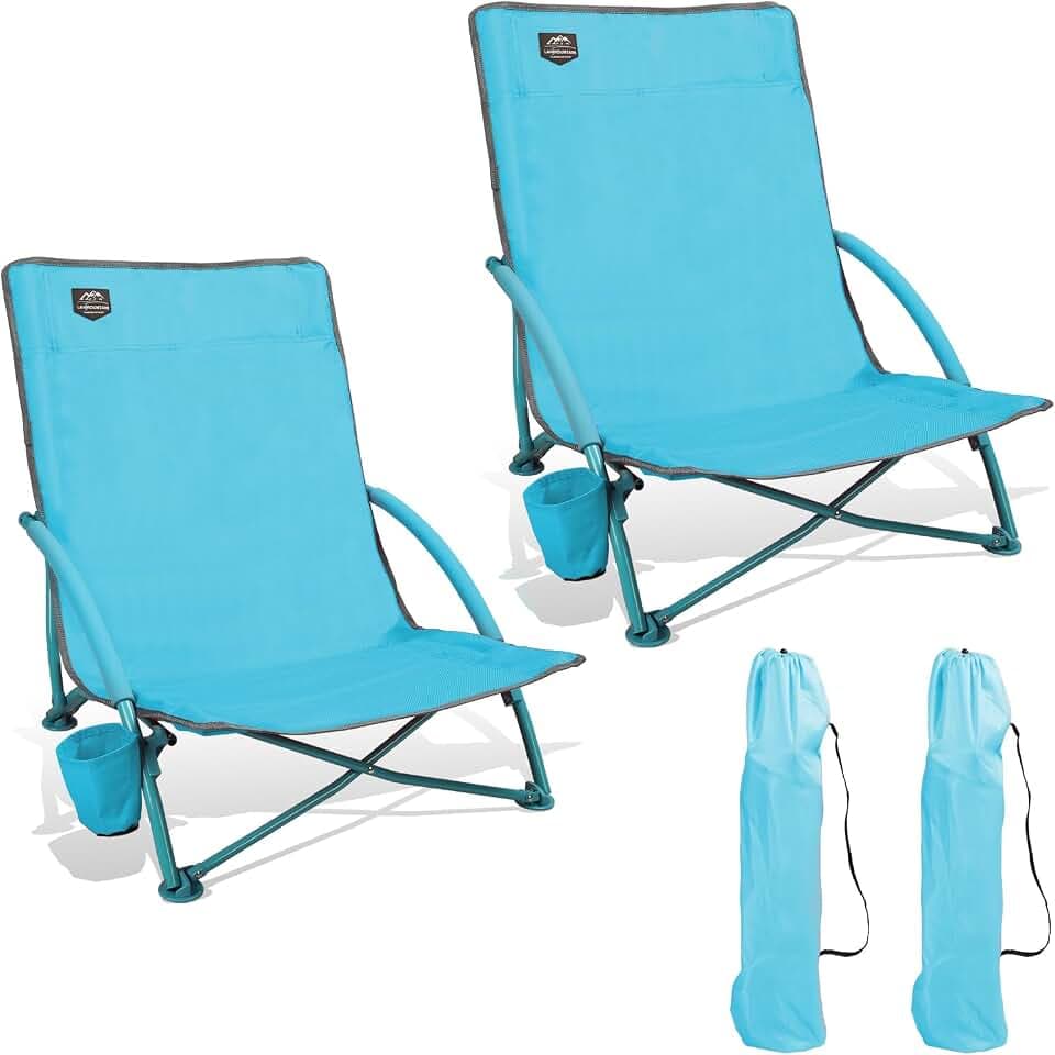 2 Pack Low Beach Chair,Folding Recliner Camping Chair for Adults,Lightweight Backpacking Low Seat Camping Chairs with Cup Holder,Carry Bag for Outdoor Camp Lawn Picnic Festival,Blue
