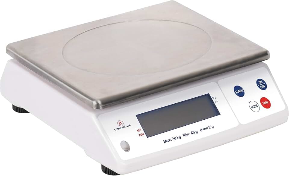 LOUIS TELLIER | Professionelle Elektronische Waage | 30 kg | IP53 | Genauigkeit 2 g | Abnehmbare Waagschale | Küche | Bäckerei | 30 x 32 x 11,5 cm