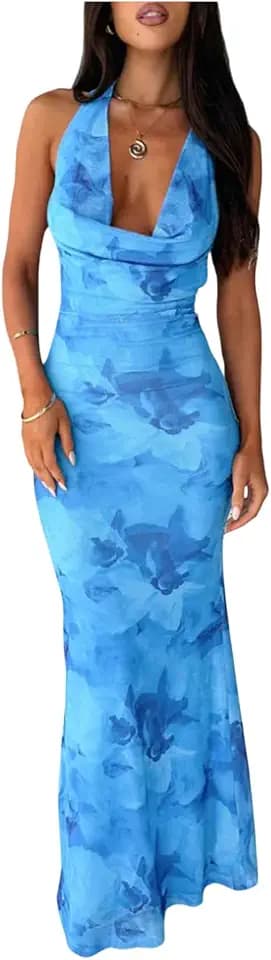 SHENHE Women's Floral Maxi Dress Halter Cowl Neck Backless Bodycon Mesh Wedding Guest Party Long Dress