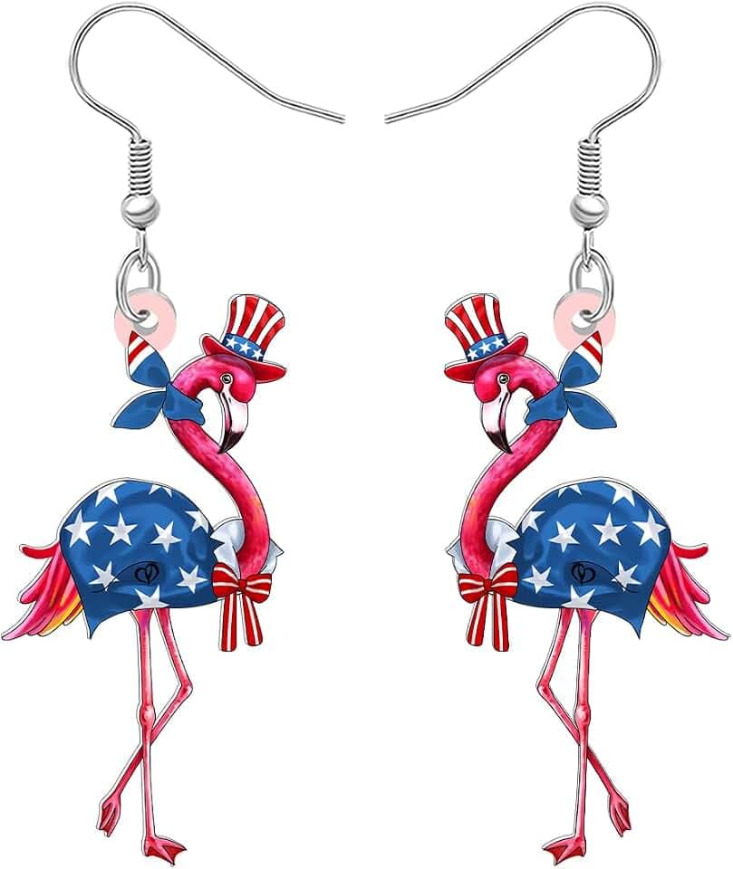BONSNY 4th of July Cute Pink Patriotic Flamingo Dangle Earrings Gifts for Women Funny Novelty Hypoallergenic Jewelry American Flag Colors with Stars and Stripes