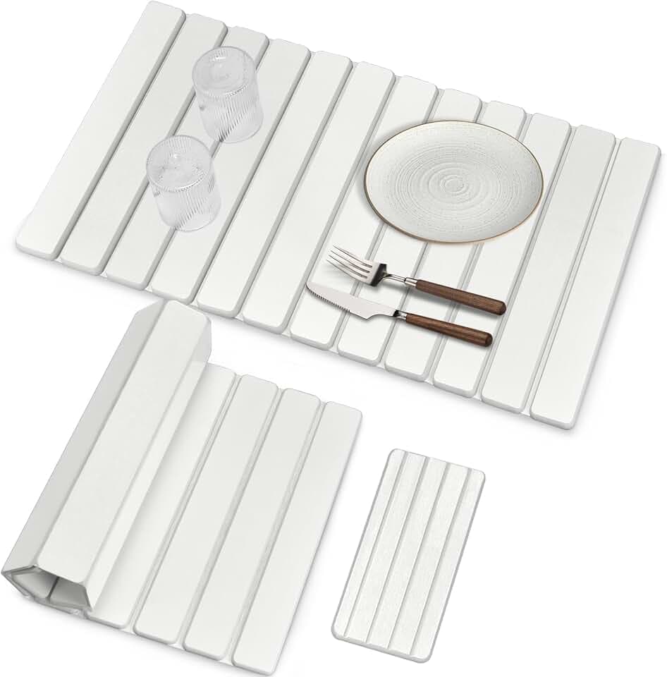 Large Stone Dish Drying Mats for Kitchen Counter, Fast Drying Collapsible Dish Drying Mat, Eco-Friendly Absorbent Diatomaceous Earth Mats for Dishes Cups, Match Any Countertop (White 28"×16" & 8"x4")
