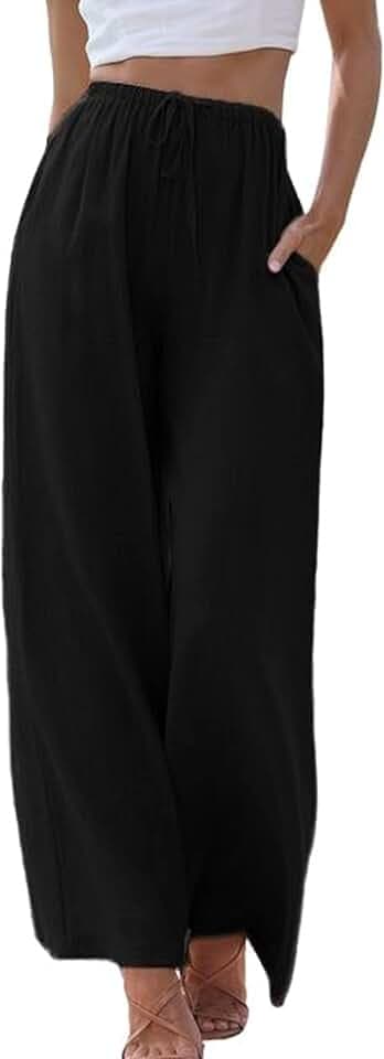 Imuedaen Damen Hosen Sommer Leinen Leicht Casual Locker Leinenhose Freizeithose Palazzo Hose Weite Leg Hose Sommerhose Hohe Taille mit Tunnelzug und Taschen