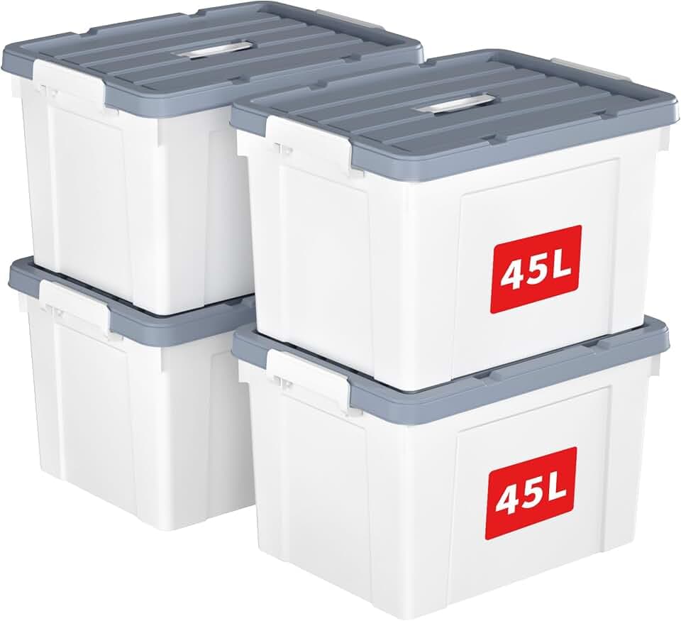 Cetomo 45L*4 Aufbewahrungsboxen, Tragbare Plastikboxen mit Deckeln, Organizer-Behälter mit Griff und Clips, Stapelbar, Ineinander Nestbar, für Zuhause und Büro, Weiß, 45L-4er Pack