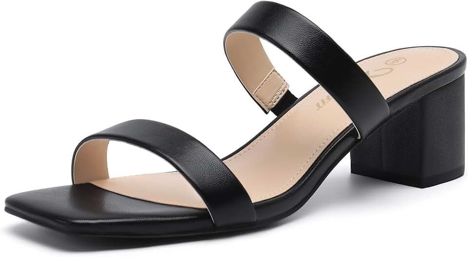 Athlefit Women's Two Strap Chunky Low Heeled Sandals Slip On Heels