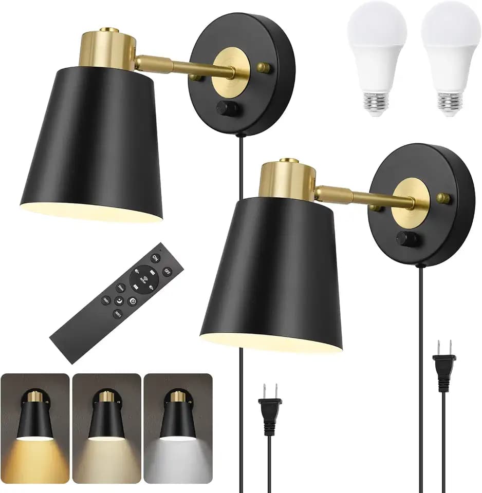 VATONI Wall Sconce Plug in, Remote Control Dimmable Wall Sconces and Adjustable Color Temperature 2700K-6000K Wall Lights with Plug in Cord, Wall Mounted Light for Bedroom Bedside(2 Pack, 2 Bulbs)