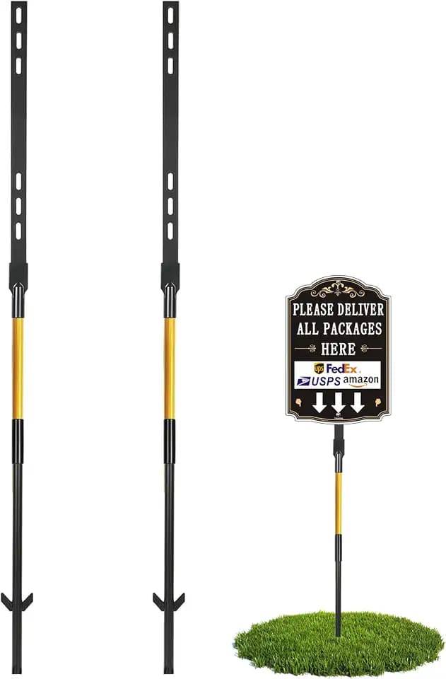 2Pcs Yard Sign Stakes Metal 49 Inch Adjustable Signs Holder, for Ground Lawn Outdoor Parking Garden Stop Durable With Hardware Rust-Proof Rust, Wind & Dust Resistant Sturdy Black Gold