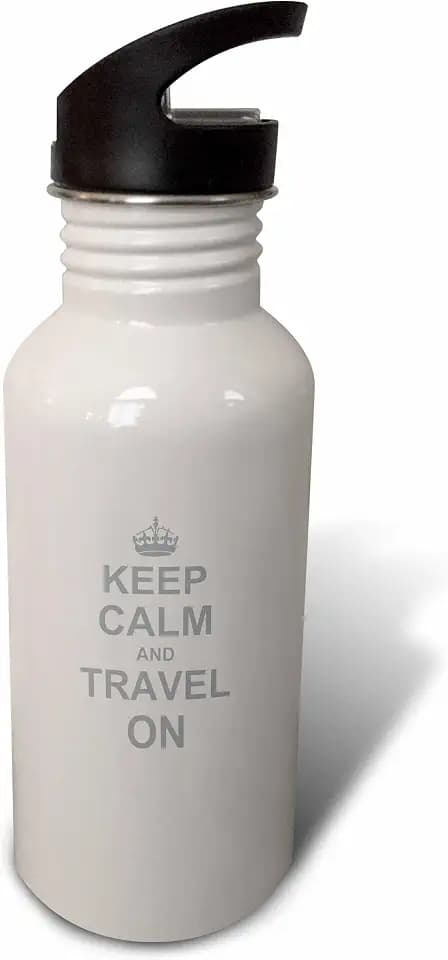3dRose "Keep Calm and Travel on-carry on globe traveling-World Traveler gifts-fun funny humor humorous" Sports Water Bottle, 21 oz, White