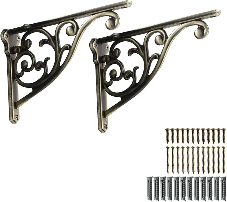 Khtumeware Ornate Decorative Brushed Antique Brass Shelf Brackets, 12 inch Big wall Mounted Shelving Bracket, 2 Pack Antique Bronze Vintage Metal Heavy Duty Brackets Victoria wall Bracket.