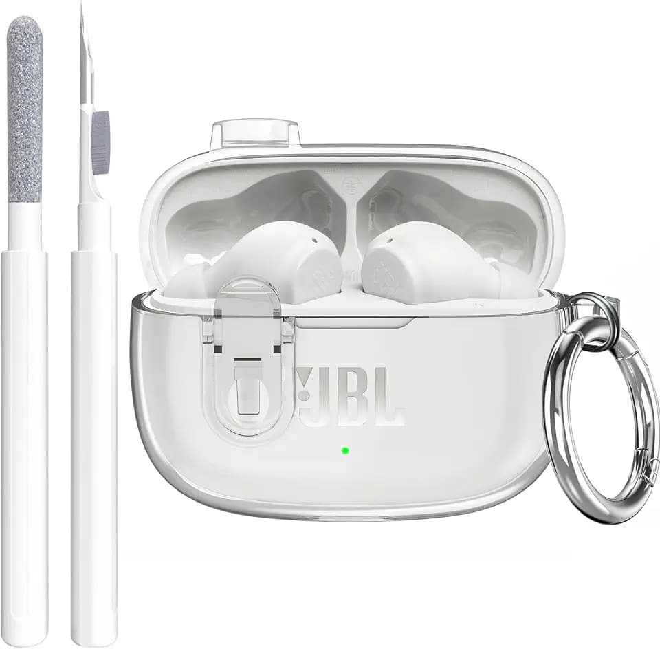 Compatible with JBL Vibe 200TWS/JBL Vibe Beam/Beam 2 Case Cover Clear Lock Clip with Cleaner Kit, Transparent TPU Protective Cover Men Women with Carabiner for JBL Vibe Beam 2 Charging Case - Clear