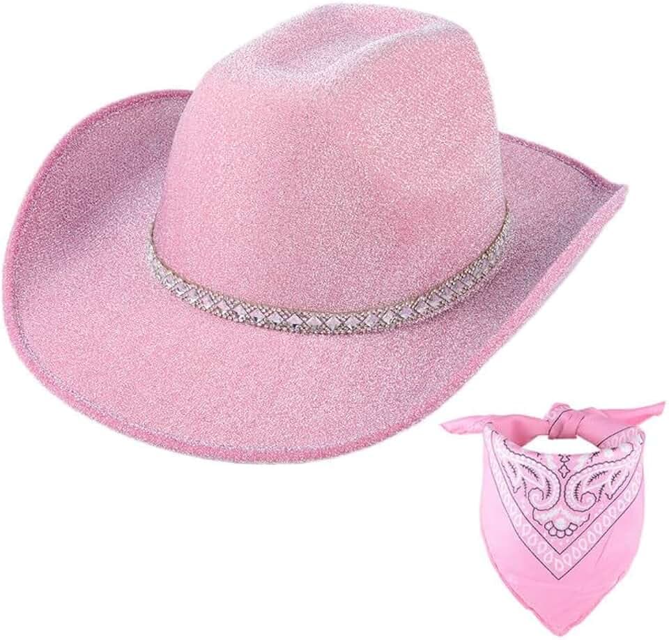 Glänzendes rosa Cowgirl-Hut und Stirnband-Set für Damen und Mädchen, perfekter rosa Cowboyhut, rose, 2