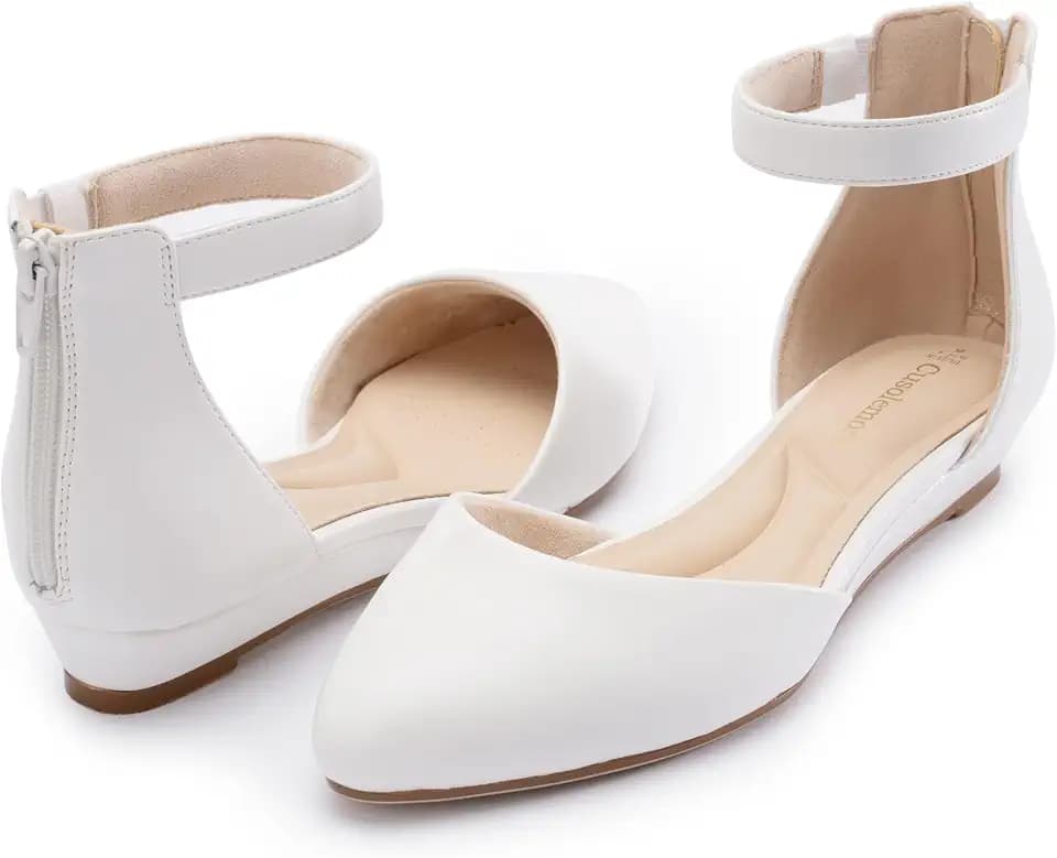 Cusolemore Women Flat Shoes with Ankle Strap, Low Wedge Heel Flats for Women, Comfortable Pointed Toe Dress Shoes for Work Business Wedding