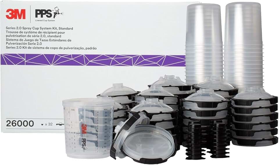 3M 26000 PPS 2.0 Spray Gun Cup, Lids and Liners Kit, Standard, 200-Micron Filter, 22 Ounces, BLACK,SILVER