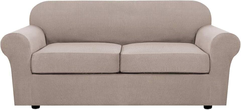 H.VERSAILTEX 3 Piece Stretch Sofa Covers for 2 Cushion Sofa Couch Covers for Living Room Furniture Cover (Base Cover Plus 2 Seat Cushion Covers) Thicker Jacquard Fabric(Large Sofa, Sand)