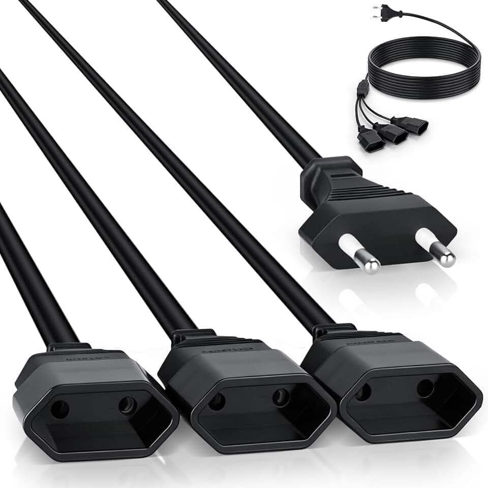 AiQInu 3m Verlängerungskabel Flachstecker, 3 in 1 Eurostecker Verlängerung, Typ C Stromkabel Flach 250V/2,5A, Eurostecker Verteiler für TV PC Computer Monitor, Schwarz