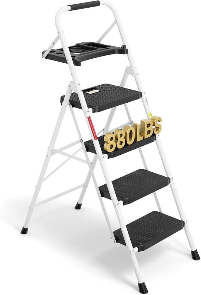 BONTEC Trittleiter 4 Stufen Klappbar, 150 kg Kapazität, Stahl, Weiß