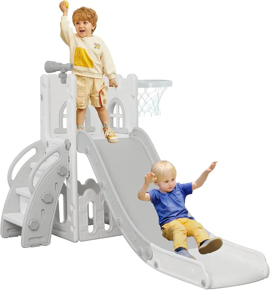 LulliSpace 6 in 1 Toddler Slide,Kids Climber Slider for Indoor Outdoor Playground with Basketball Hoop,Storage and Telescope,L Shaped Slide for Toddler Climber Playset