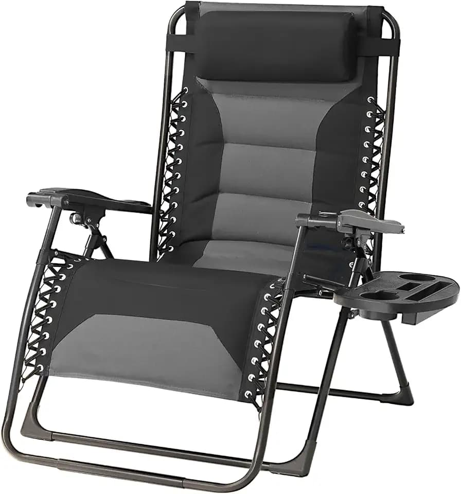 Zero Gravity Chair Oversized Padded Recliner with Adjustable Headrest & Cup Holder - XL 600D Oxford Folding Lounge Chair for Outdoor Camping, Patio, Poolside (Black & Gray)