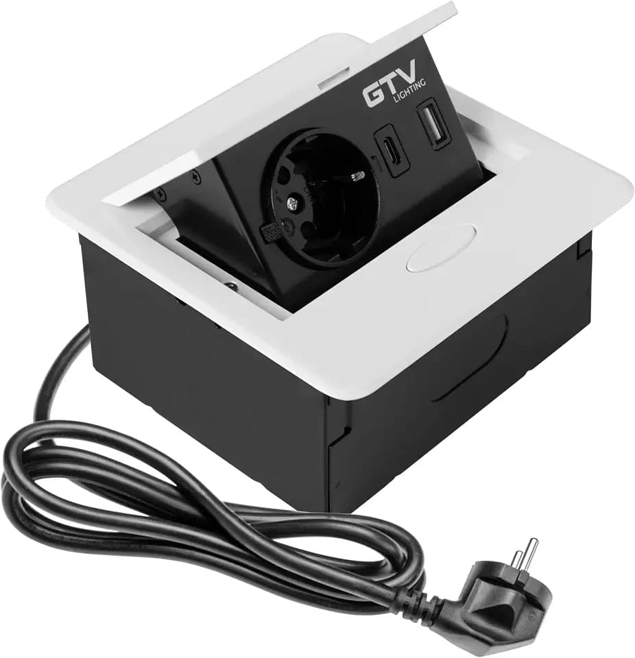GTV - Möbelsteckdose AVARO, 1x Schuko Steckdose, USB A+C, Kabellänge 1,5m, Farbe Weiß, für Schreibtische, Tischplatte, Küchen und Büro | Kompakte Abmessungen