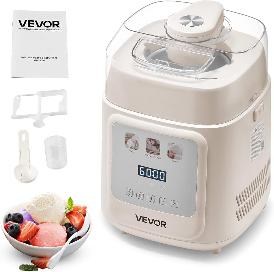 VEVOR automatische Eismaschine mit eingebautem Kompressor 1 L kein Vorgefrieren, Gelato und Ice Cream Maker mit 4 Modi, elektrischer Eismaschine Frozen Yogurt Sorbet Maker Weiß