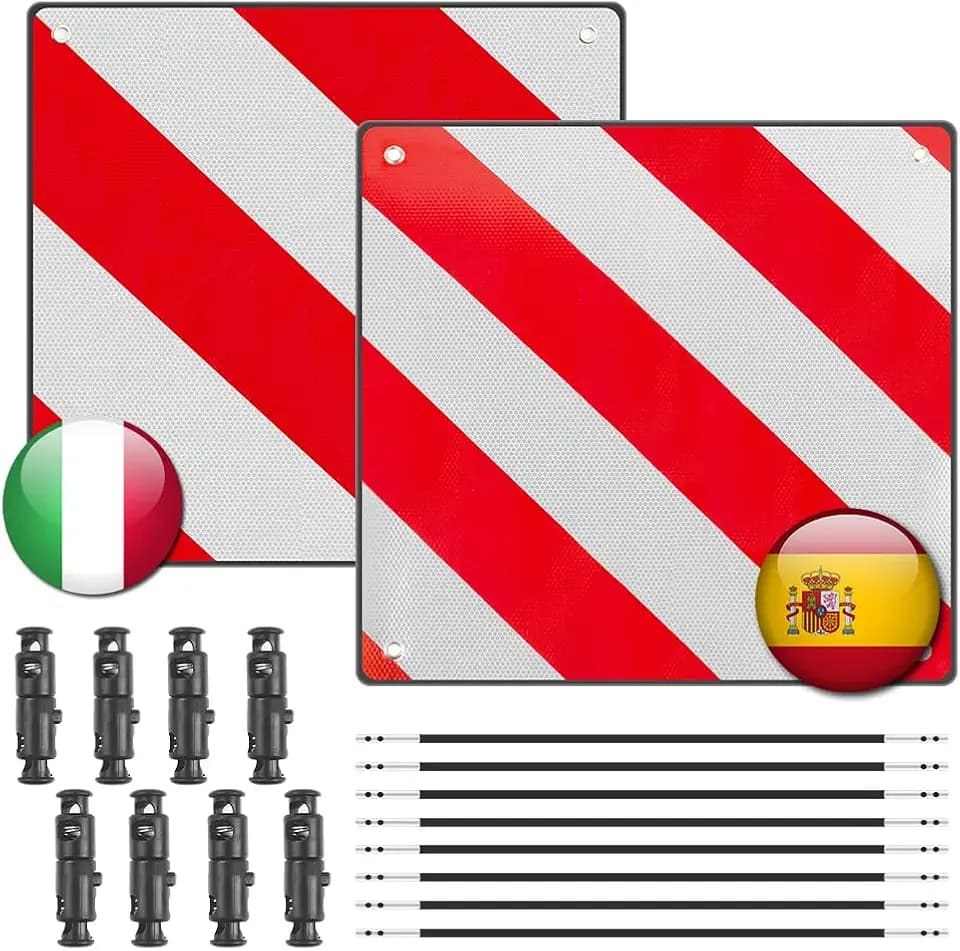 2 in 1 Warntafel Italien und Spanien, 50 x 50 cm warntafel fahrradträger aus Aluminium mit 4 Spannseile, Warnschild Italien fahrradträger für Wohnmobil, Fahrradträger, Wohnwagen (2 Stück))
