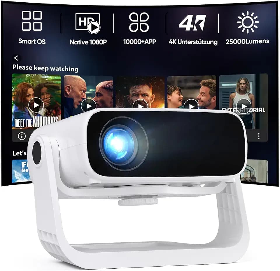 2026 Neuer Upgraded Smart Beamer Full HD 1080P, 25000 Lumens, Android 11，Integrierte Apps, 4D Trapezkorrektur，WiFi 6 & BT 5.2, Heimkino 4K Beamer mit 120° drehbarem Ständer für iOS/Android/Laptops