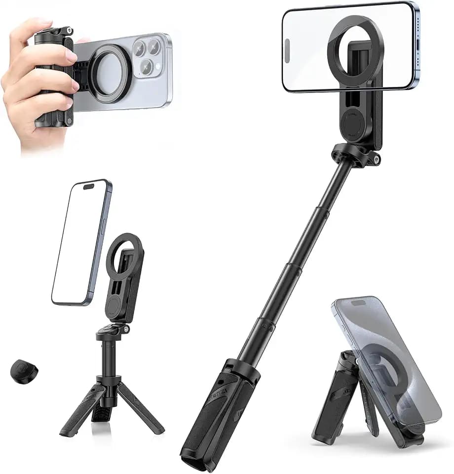 ULANZI Magnetic Phone Tripod, JJ03 Portable Selfie Stick Tripod for Magsafe with Remote, Mini Phone Stand Handle Grip for iPhone 17/16/15/Android, 360° Rotation Pocket Size for Travel Vlog Live