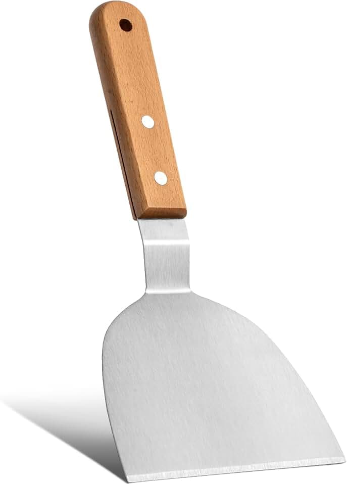 Edelstahl Pfannenwender mit Holzgriff, 26 x 10 cm, Steakspatel aus Metall, Grillspachtel, Küchenhelfer, Robuster Metallspatel für Grillen, Braten, und Pizza, Silberfarben