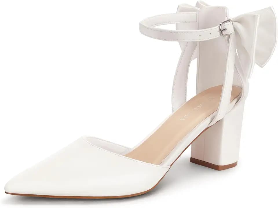 Womens Closed Pointed Toe Heels with Bow Low Chunky Pumps