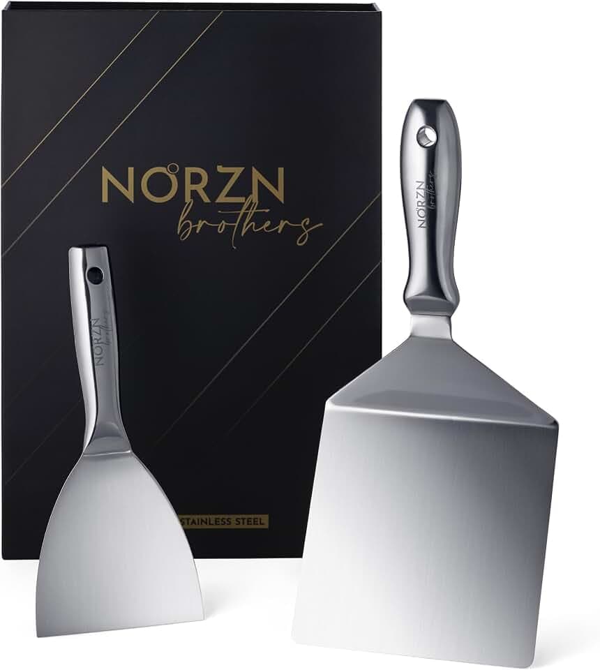 Grillspachtel Edelstahl Set – Großer und Kleiner Spachtel Flexibel mit Gradient und Spiegelpolitur, Plancha Zubehör, BBQ, Grill, Teppanyaki, Lebensmittelkontakt Zertifiziert, 10 Jahre Garantie