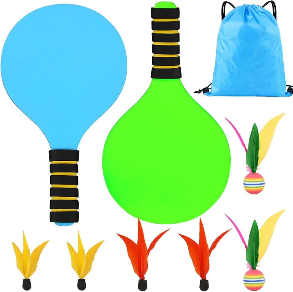 Beach Ball Spiel Set, Strandball Schlägerset für Kinder, Beachball Set with 2 Schläger 6 Federbälle 1 Tasche, Paddleball Spielset für Kinder&Familie für Garten Strand Party