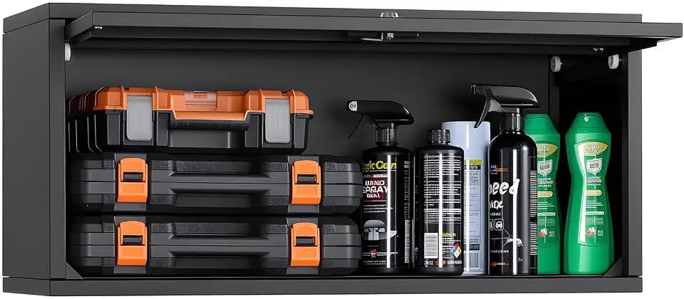 VEVOR Metal Wall Cabinet, 30.31W x 12.01D x 14.02H Inch, Floating Garage Tool Cabinet with Up-Flip Door, 120 lbs Load per Shelf, Fit for Garage, Basement, Kitchen, Warehouse, Assembly Required