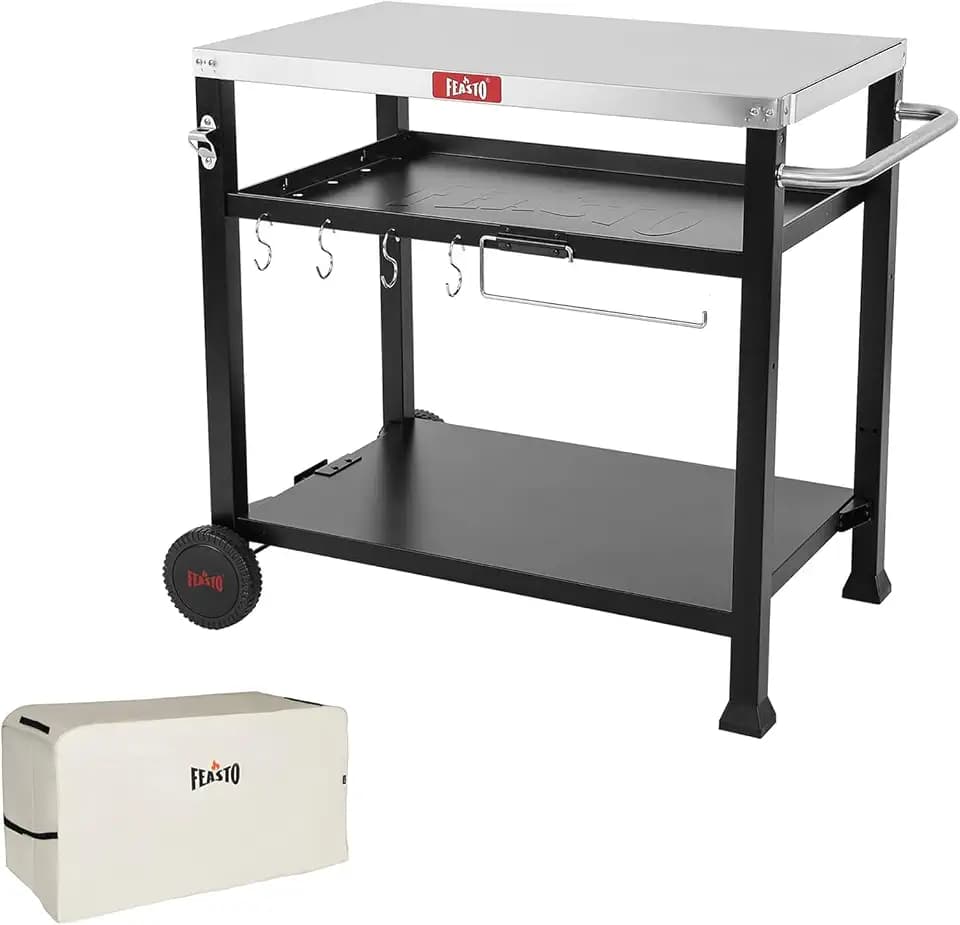 Feasto 3-Shelf Pizza Oven Table with Cover, 33.5" x 21.7", Black