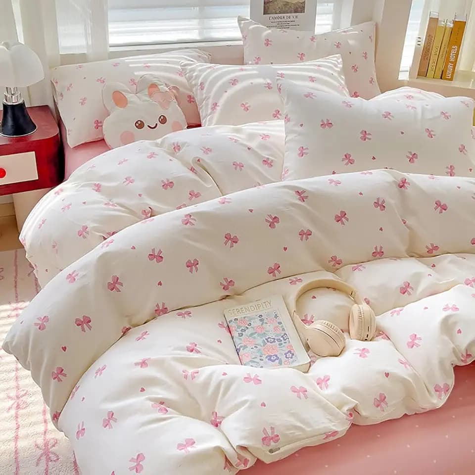 Bettwäsche 135x200 Mädchen Rosa Schleifen Bettbezug + Kissenbezug 80x80 | Bettwäsche Set, Rosa Weiß, Kawaii Schleifenmuster, Pink Schleifen, Niedlich Herzen, ÖKO-TEX, Microfaser, Reißverschluss