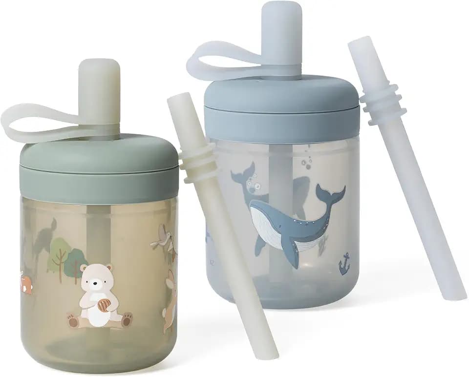 Moonkie Silicone Baby Straw Cup with Lid - Toddler Sippy Cup with Straw & Spill-Resistant Water Cup for Baby-Led Weaning - BPA-Free Dishwasher Safe Training Cup - 6 Months+, 5 oz, 2-Pack