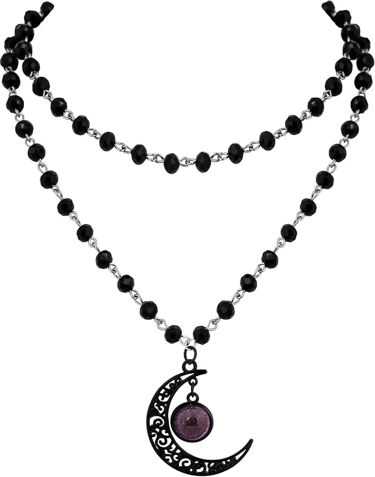 Sacina Layered Black Crescent Moon Choker, Moon Necklace, Black Bead Necklace, Gothic Necklace, Emo Necklace, Gothic Jewelry, Christmas Jewelry Gift for Women