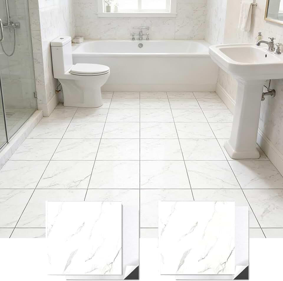 30-Pack Peel and Stick Vinyl Floor Tiles, White Vinyl Flooring 12 inch Self Adhesive Waterproof Vinyl Flooring Tiles Marble Pattern Sticky Laminate Flooring for Bedrooms Kitchen Bathroom