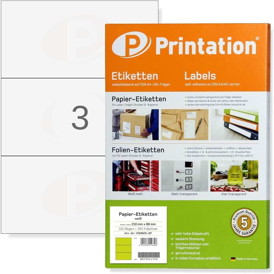 75 Etiketten selbstklebend (210x99mm) bedruckbar Printation | 25 Blatt A4 je 3x1=3 Klebeetiketten, Adressetiketten, Versandetiketten - zum bedrucken mit Laser- & Inkjet-Drucker