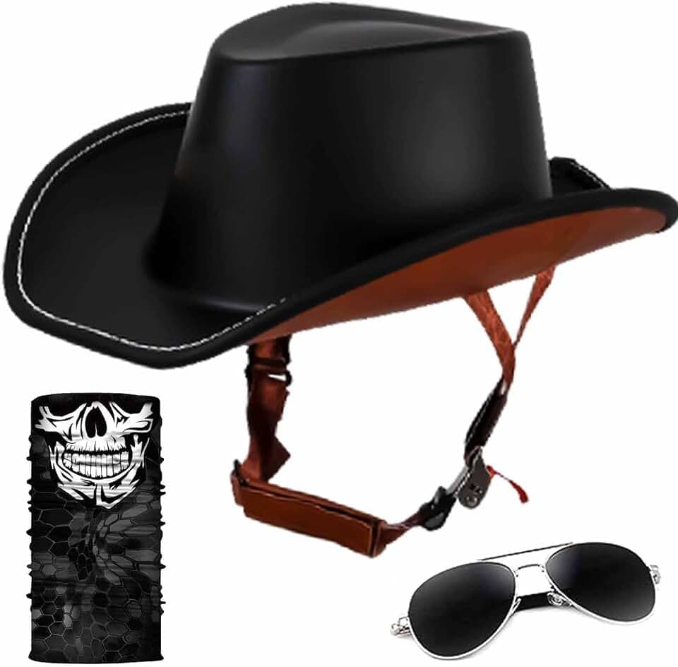 Retro Motorcycle Half Helmet, Western Cowboy Hat Helmet Open Face Motorcycle Helmet DOT Approved Unisex-Adult Half Helmet with Quick Release Buckle and Lining for Mopeds Horse Riding Jazz Caps