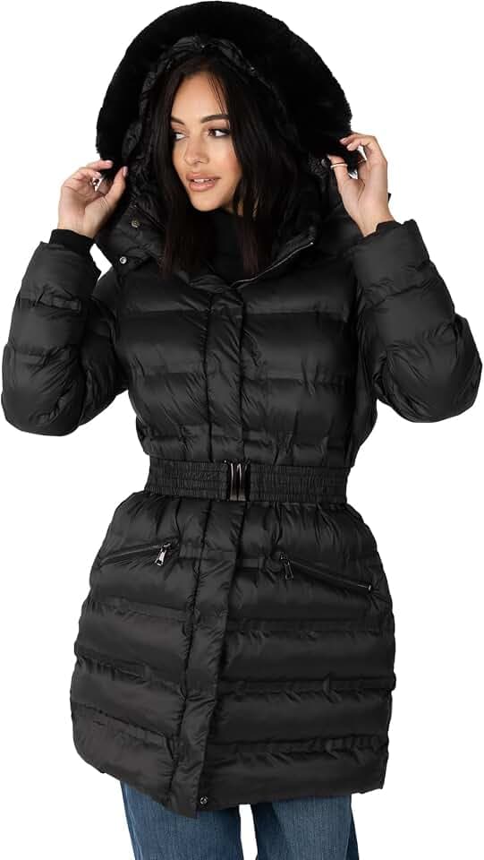 Lovedrobe Damen Women's Winter Jacket Ladies Coat Quilted Puffa Padded Belted Pockets With Faux Fur Trim Puffer Outerwear Coat (1er Pack)