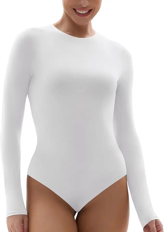 SHAPERX Body Damen Bodysuit Hoher Elastizität Kurzarm/Langarm Top Rundhals T-Shirt Tanga