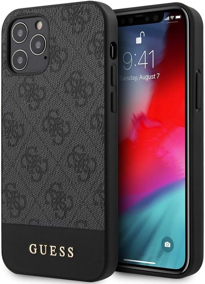 Guess - PC/TPU 4G PU-Schutzhülle mit Metall-Logo auf der Unterseite – Grau für iPhone 12 Pro/Max